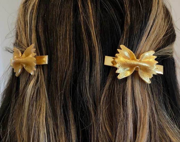 Farfalle pasta lover hair clips, handmade gold bow tie pasta barrettes