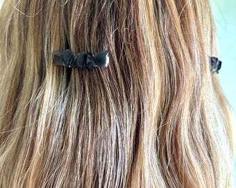 Black obsidian genuine crystal set of two handmade hair clip barrettes