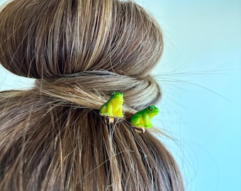 Tiny frog hair clips, toad lover gift (set of 2 hair pins)