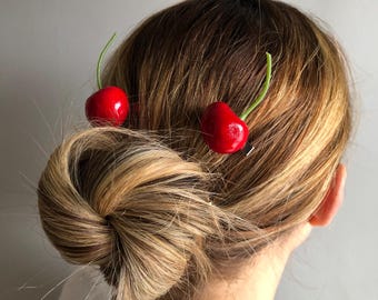 Cherry hair clips set of two, handmade faux fruit barrettes