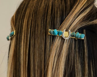 Lucky horseshoe and turquoise handmade hair clip barrettes, cowgirl hippie country accessory