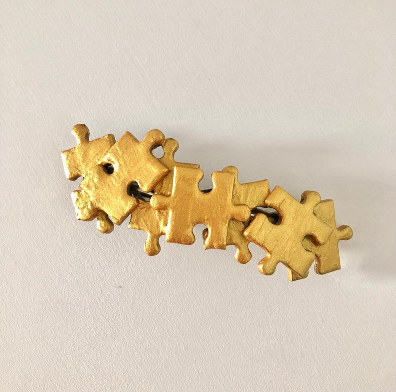 Gold jigsaw puzzle piece hair clip barrette, handmade jigsaw puzzle lover gift image 2