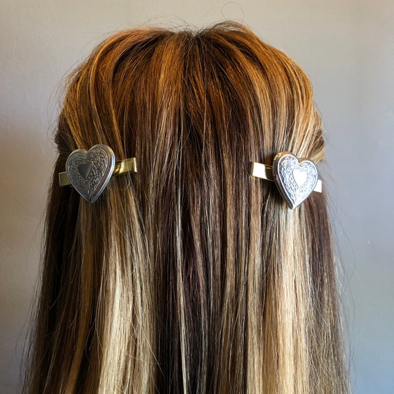 Heart Locket Silver and Gold Hair Clip Barrettes, Preppy  display picture 2