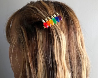 Rainbow Christmas holiday light hair clip barrette, ugly sweater party hair accessory