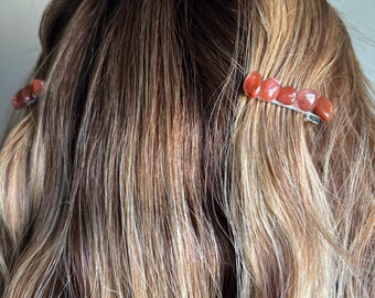 Carnelian red orange crystal gemstone handmade hair clips (set of 2)