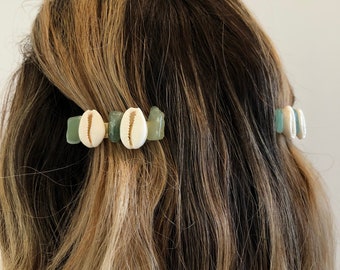 Aventurine cowrie shell mermaidcore handmade hair clip barrettes, mermaid beach wedding hair accessory