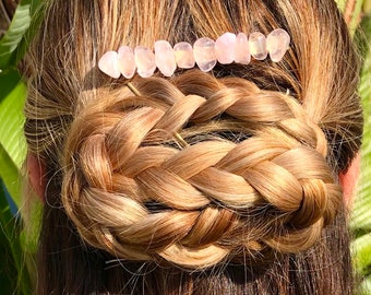 Rozekwarts edelsteen grote handgemaakte haarspeld, kristallen haaraccessoire