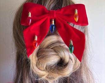 Christmas light hand made velvet hair bow, Christmas hair accessory
