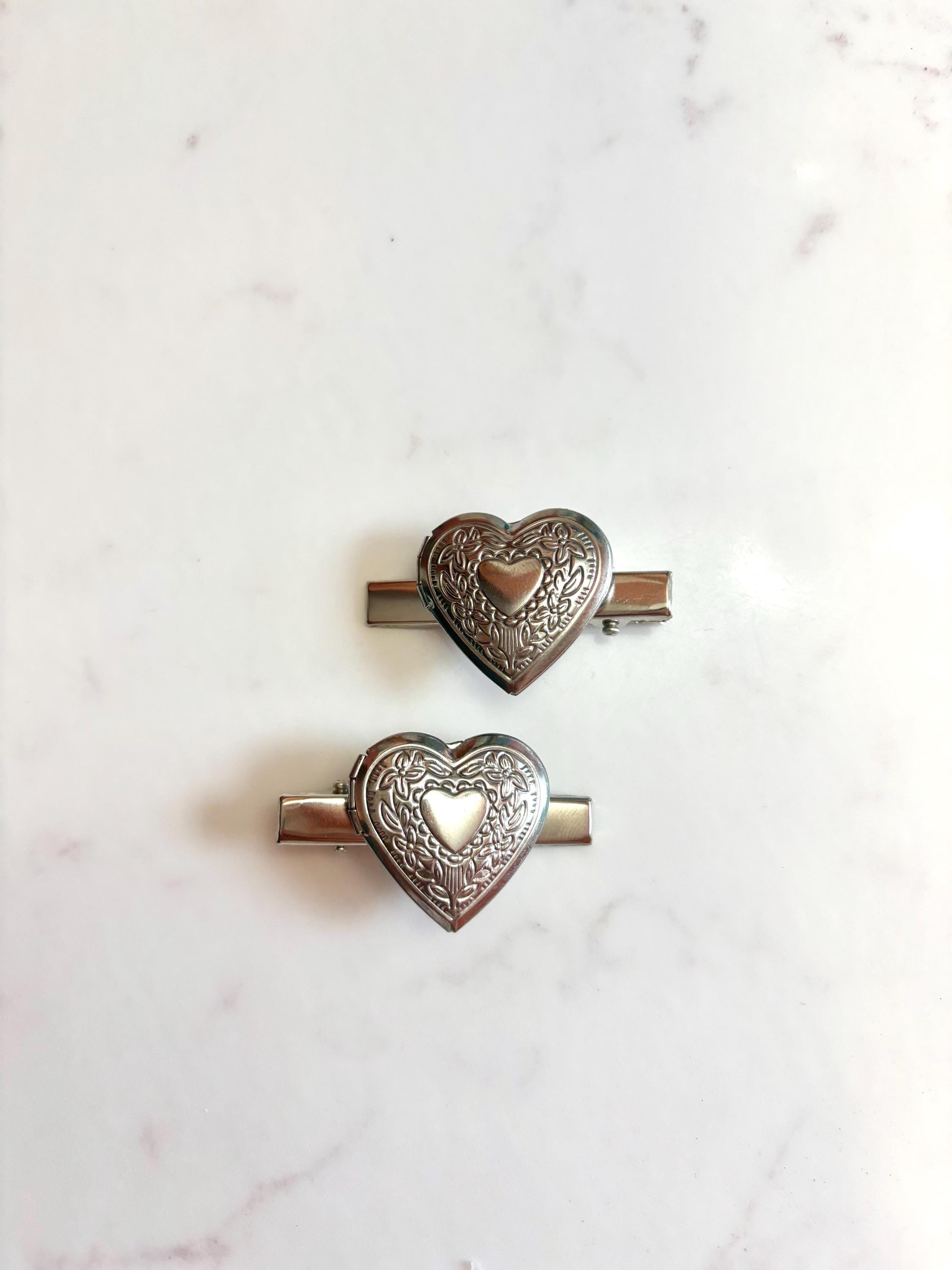 Heart Locket Silver and Gold Hair Clip Barrettes, Preppy Accessory Heart Locket Silver and Gold Hair Clip Barrettes, Preppy Accessory