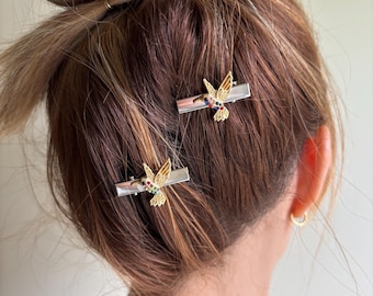 Hummingbird handmade hair clips, sparkly bird lover barrettes