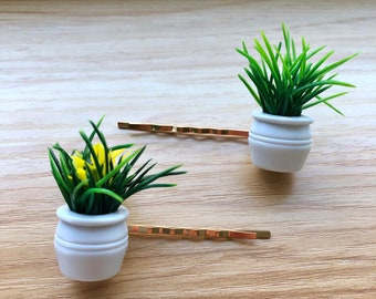 Succulent mini faux potted plant handmade hair pins, plant mom gift, plant lover gift