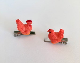 Chicken lover hair clips, handmade mini hen and rooster hair pins