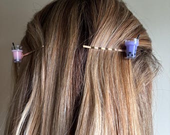 Boba bubble tea handmade hair clip pins (set of 2)