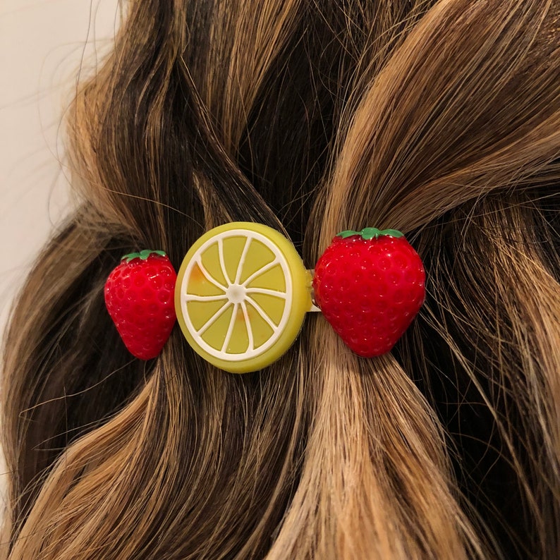 Strawberry and lemon summer fruit handmade hair clip barrette image 10
