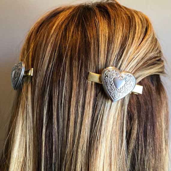 Heart Locket Silver and Gold Hair Clip Barrettes, Preppy  display picture 1