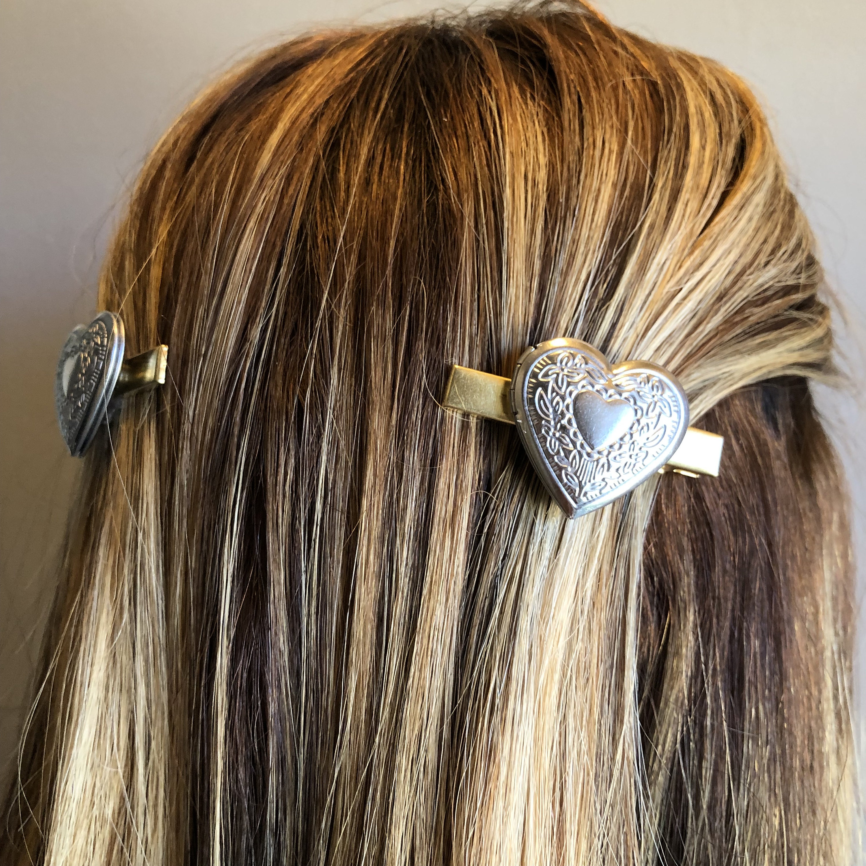 Heart Locket Silver and Gold Hair Clip Barrettes, Preppy Accessory