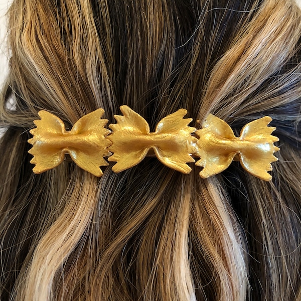 Farfalle pasta lover hair clip, handmade gold bow tie pasta french barrette