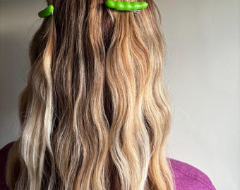 Pea pod vegetable barrettes, veggie gardener hair clips (set of 2)