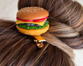 Burger hair clip, hamburger handmade barrette