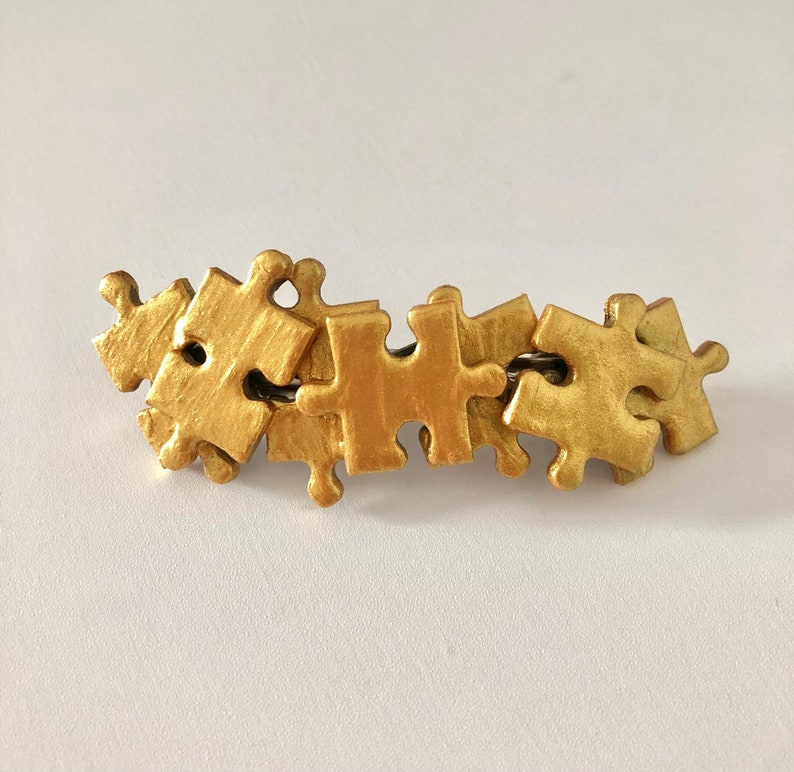 Gold jigsaw puzzle piece hair clip barrette, handmade jigsaw puzzle lover gift image 5