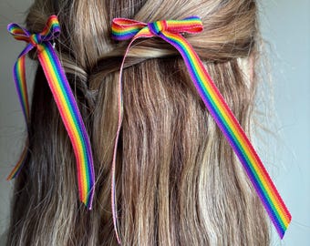 Rainbow ribbon hair bows (set of two), colorful rainbow barrettes