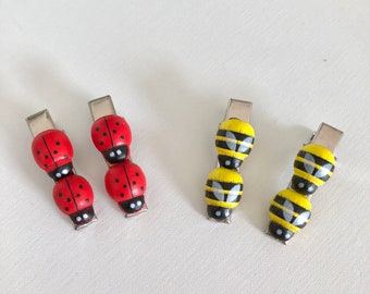 Spring red ladybug or yellow bumble bee hair clips, tiny insect lover barrettes