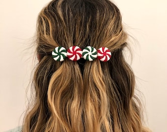 Red and green Christmas peppermint candy handmade hair clip barrette