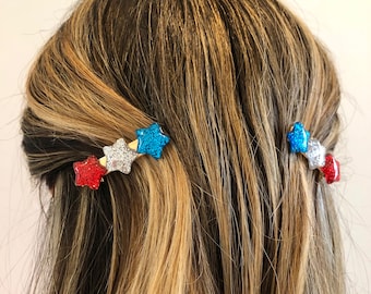 Glitter red white and blue star hair clips, 4th of July patriotic hair accessory