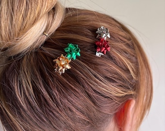 Gift bow hair clips, holiday present bow barrettes