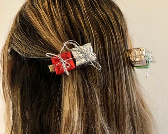 Christmas holiday mini present hair clip barrettes, ugly sweater party accessory