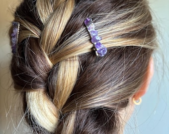 Amethyst purple handmade crystal gemstone barrettes (set of 2 hair clips)