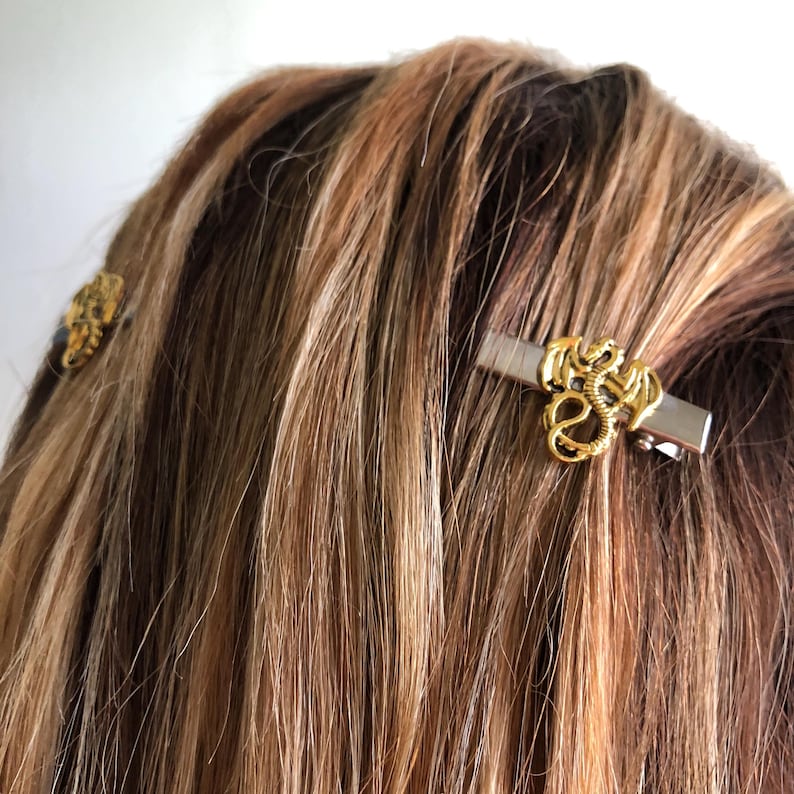 May include: Close-up of hair with two decorative hair clips. One clip is a rectangular silver bar with a gold dragon design. The other clip is a small, round, gold and black design. The hair is a mix of brown and blonde.