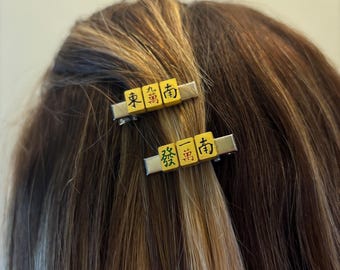 Mini gold and silver mahjong tile hair clips, set of two