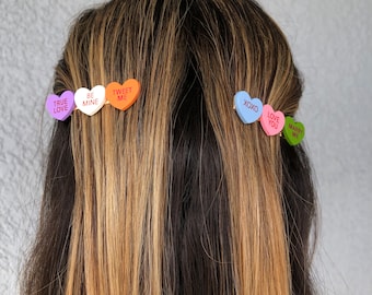 Candy hearts handmade hair clips, conversation heart barrette, Valentine’s Day hair accessory