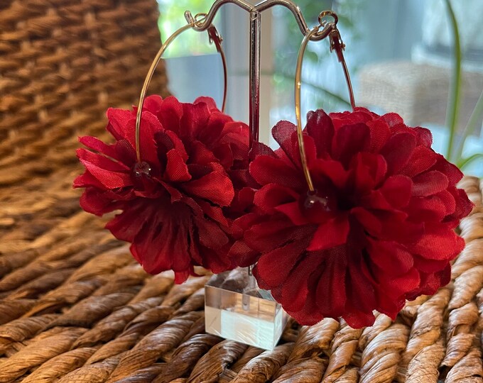 Deep Red Silk Flower Hoop Earrings Etsy