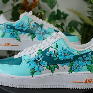 Custom airforce 1 drops and flowers in turquoise and orange, customization of men&#39;s and women&#39;s shoes