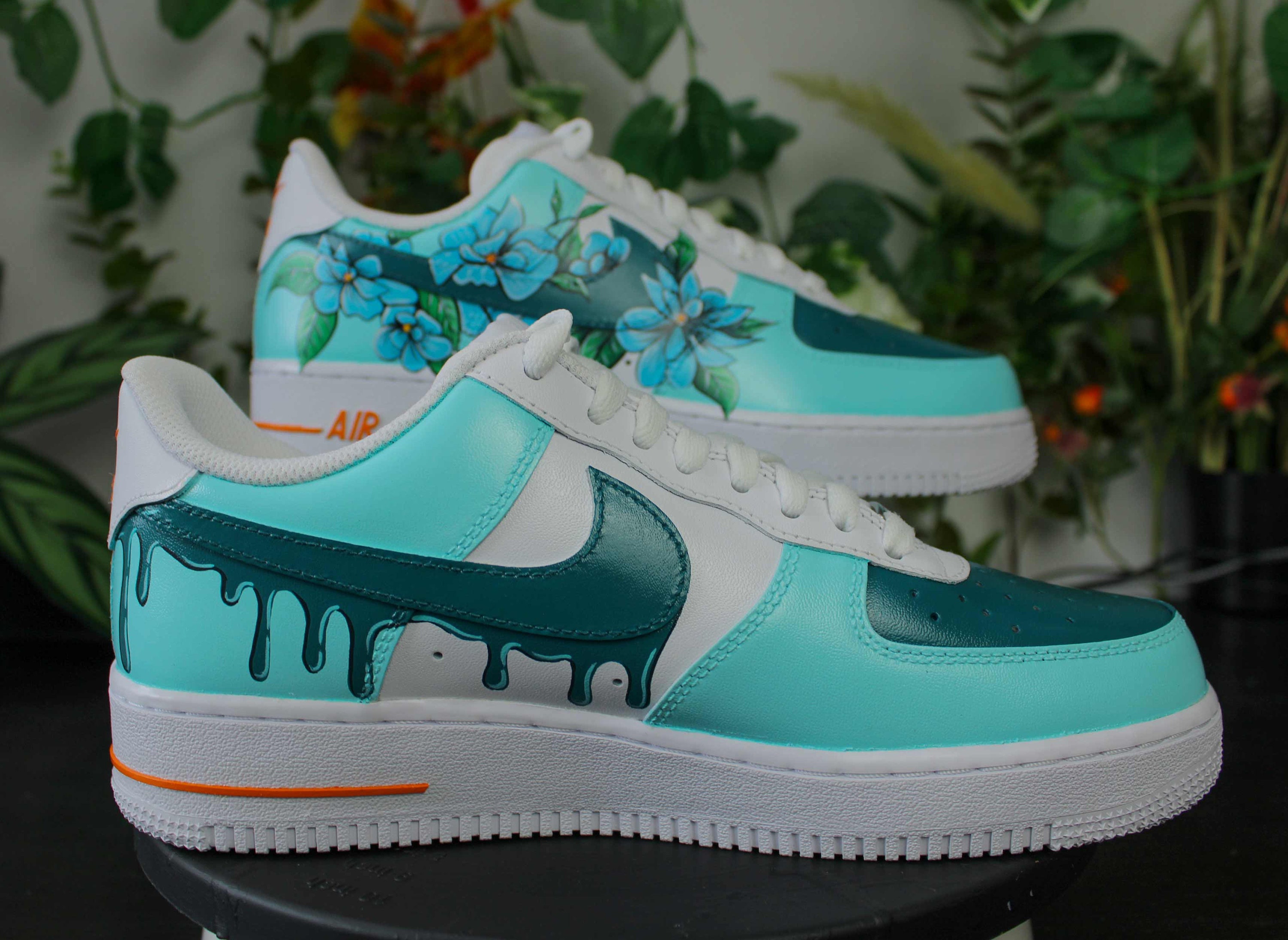 💎 Air Force 1 Custom Teal Rose Low Blue Flower Floral Black