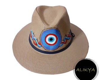 Hand Painted Blue Evil Eye Hat-Colorful Panama Hats-Traditional Mexican Hat-Gift for Her-Head Wear-Fedora Hat-Sombreros Hat by Alikya