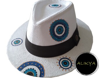 Hand Painted Blue Evil Eye Hat-Colorful Panama Hats-Traditional Mexican Hat-Gift for Her-Head Wear-Fedora Hat-Sombreros Hat by Alikya