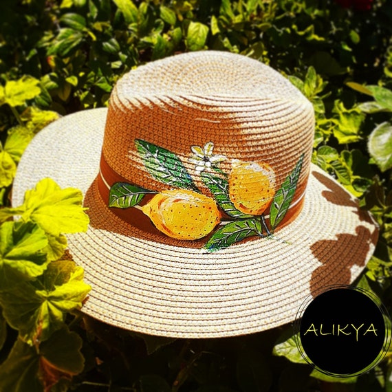 Leaves,straw Hat,fedora Hat,handpainted Fedora,hand Painted Hats,summer Hats,hat  With Leaves,gift for Her,lemon Hand Painted Hats by Alikya 