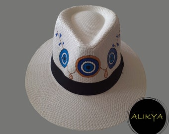 Hand Painted Blue Evil Eye Hat-Colorful Panama Hats-Traditional Mexican Hat-Gift for Her-Head Wear-Fedora Hat-Sombreros Hat by Alikya