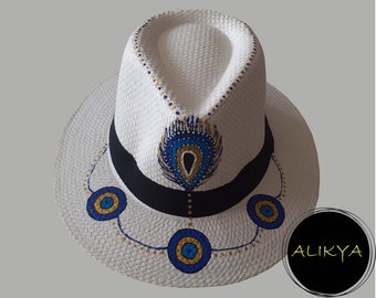 Hand Painted Blue Evil Eye Hat-Colorful Panama Hats-Traditional Mexican Hat-Gift for Her-Head Wear-Fedora Hat-Sombreros Hat by Alikya