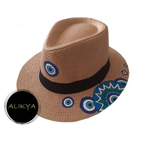 Hand Painted Blue Evil Eye Hat-Colorful Panama Hats-Traditional Mexican Hat-Gift for Her-Head Wear-Fedora Hat-Sombreros Hat by Alikya