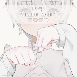 May include: A digital illustration of an anime-style character wearing a white collar with a heart charm. The text reads Little Moon VTUBER ASSET Compatible with Vtube Studio, with four heart icons in white, light pink, and dark pink colours.