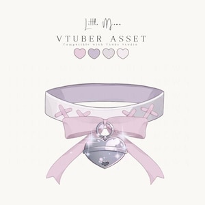 May include: A light purple choker featuring a central pink bow and a metallic heart-shaped bell charm with sparkling highlights. The band includes crisscross stitching details. Text above reads Little Moon VTUBER ASSET Compatible with Vtube Studio.