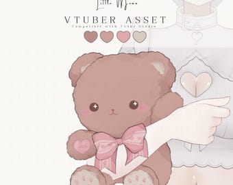May include: A brown teddy bear digital illustration featuring sparkling eyes, pink blush, and a pink striped bow. The bear has heart-shaped paw pads and a heart on its right foot. Text reads Little Moon VTUBER ASSET Compatible with Vtube Studio.