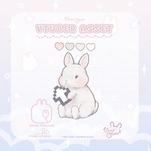 May include: A digital illustration featuring a white bunny holding a pixelated cross. The image has a soft, pastel color scheme with the text "VTUBER ASSET" at the top. Additional text includes "MOUSE TRACKING", "VTUBE STUDIO", and "-INSTANT DOWNLOAD-".