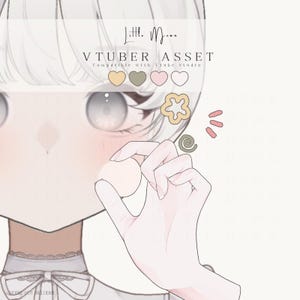 May include: A digital illustration of a VTuber asset featuring a character with white hair and large eyes. The graphic includes the text Little Moon VTUBER ASSET Compatible with Vtube Studio, along with small icons of hearts, a flower, and swirls.