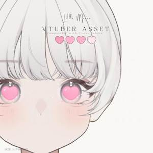 May include: A digital illustration of a character face with short white hair and large eyes featuring pink heart-shaped pupils. The image includes the text Little Moon, VTUBER ASSET, Compatible with Vtube Studio, and a row of four pink heart icons.