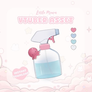 May include: A digital illustration of a spray bottle with a pink and white design, featuring a small pink octopus. The bottle contains blue liquid and the text "VTUBER ASSET" and "INSTANT DOWNLOAD".
